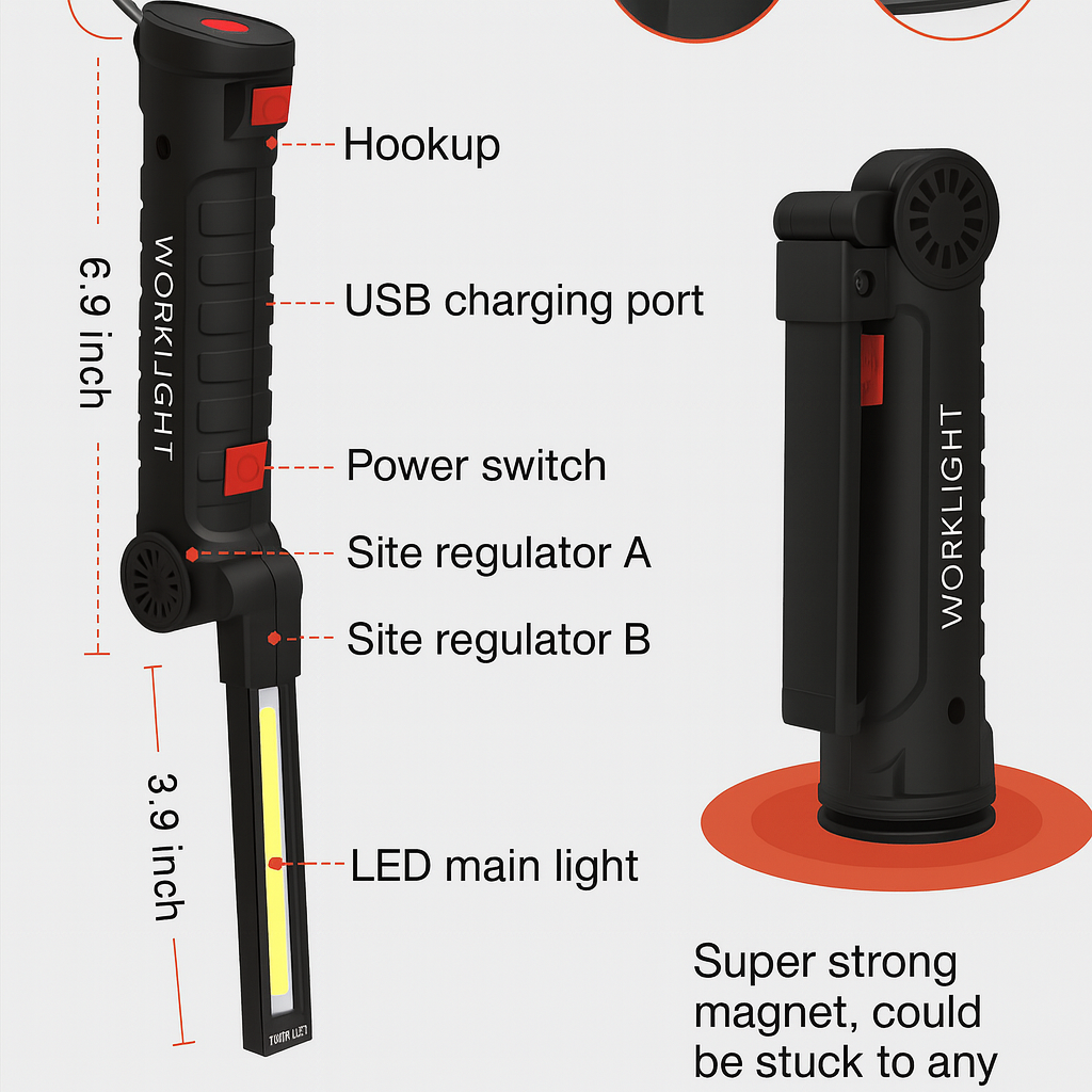مصباح مغناطيسي قابل للشحن – 5 أوضاع إضاءة للبر والسيارة