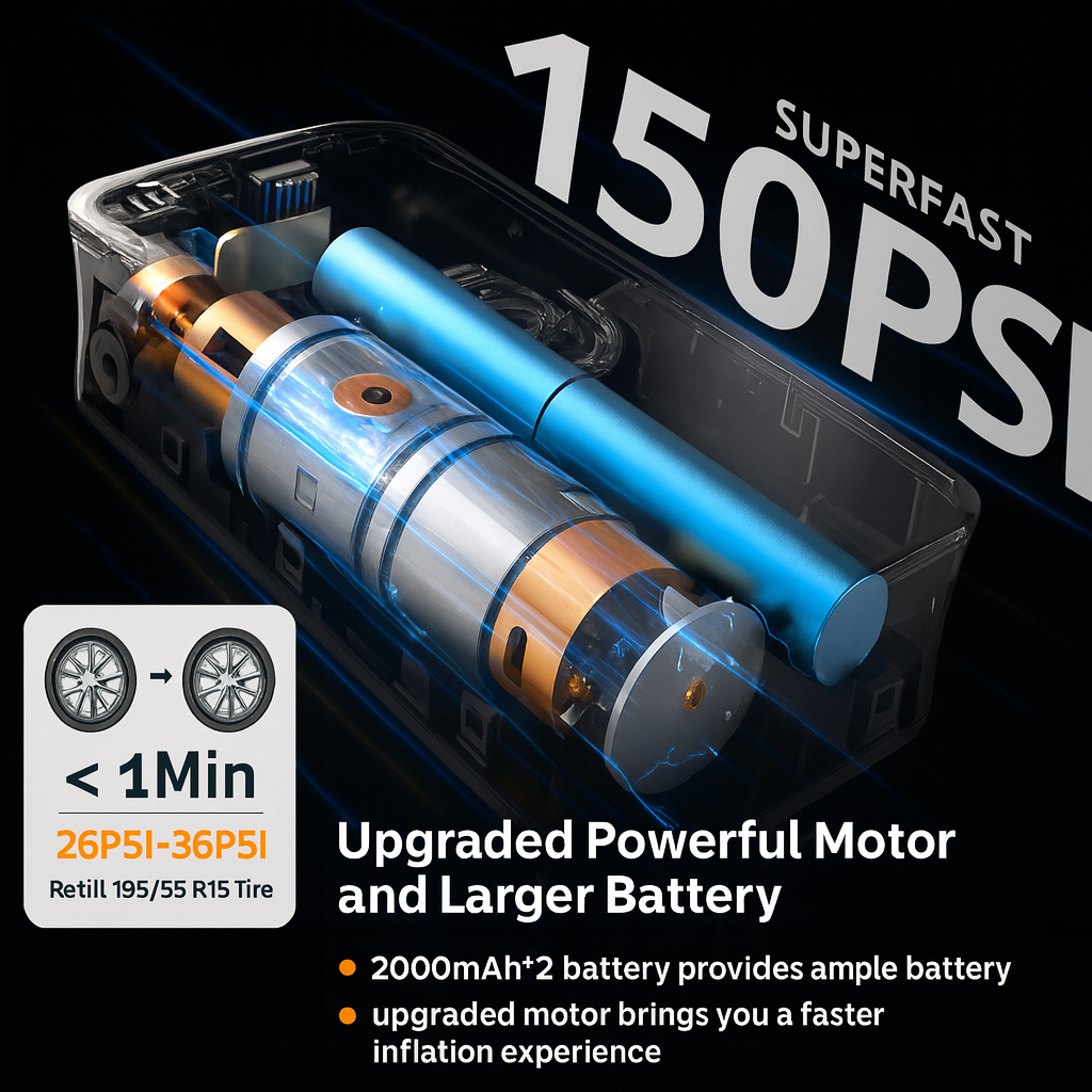 منفاخ هواء محمول لاسلكي ببطارية قابلة للشحن – مثالي للكشتات والسيارة والطوارئ